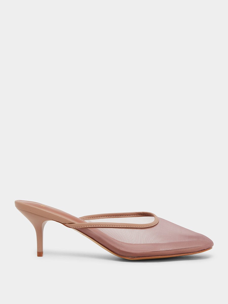 Women Tan Mesh Pointed Toe Mules 