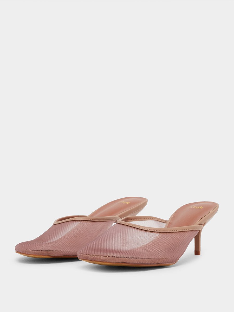 Women Tan Mesh Pointed Toe Mules 