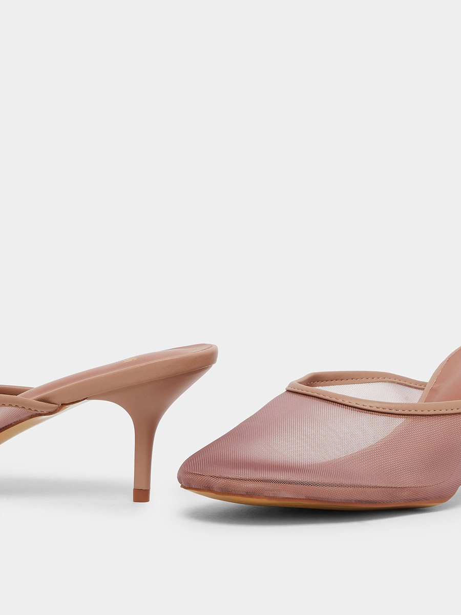 Women Tan Mesh Pointed Toe Mules 