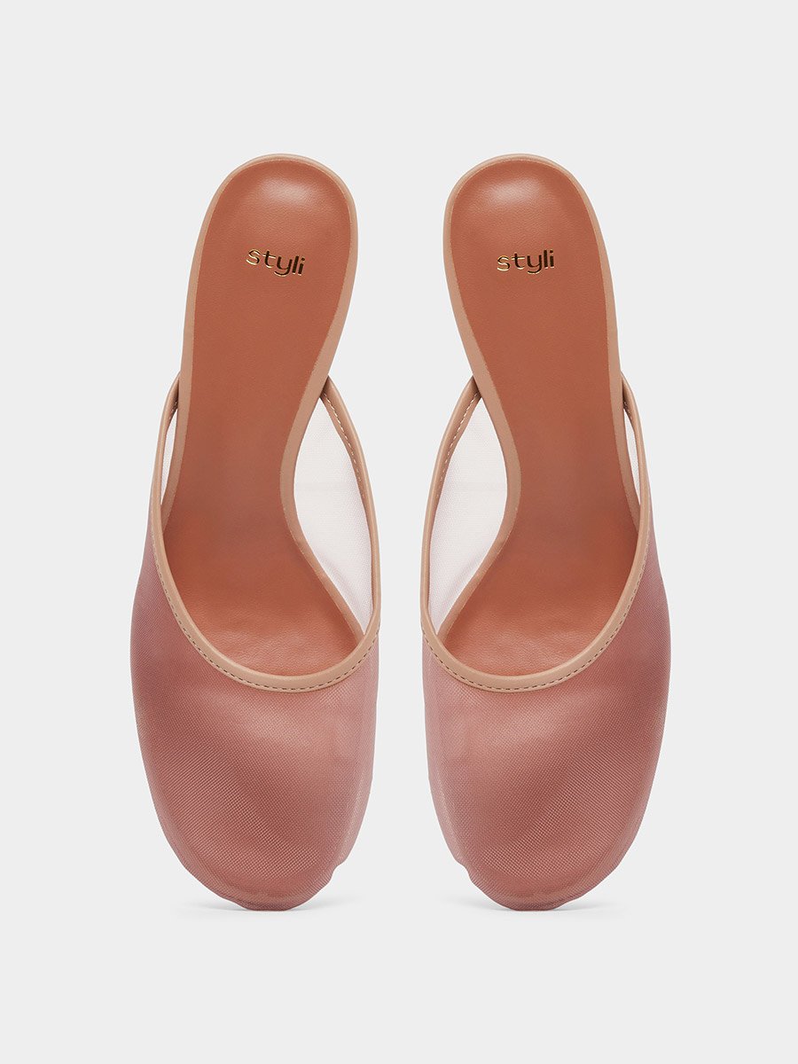 Women Tan Mesh Pointed Toe Mules 