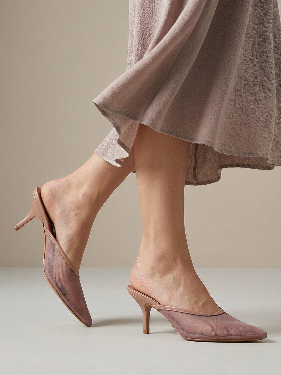 Women Tan Mesh Pointed Toe Mules 