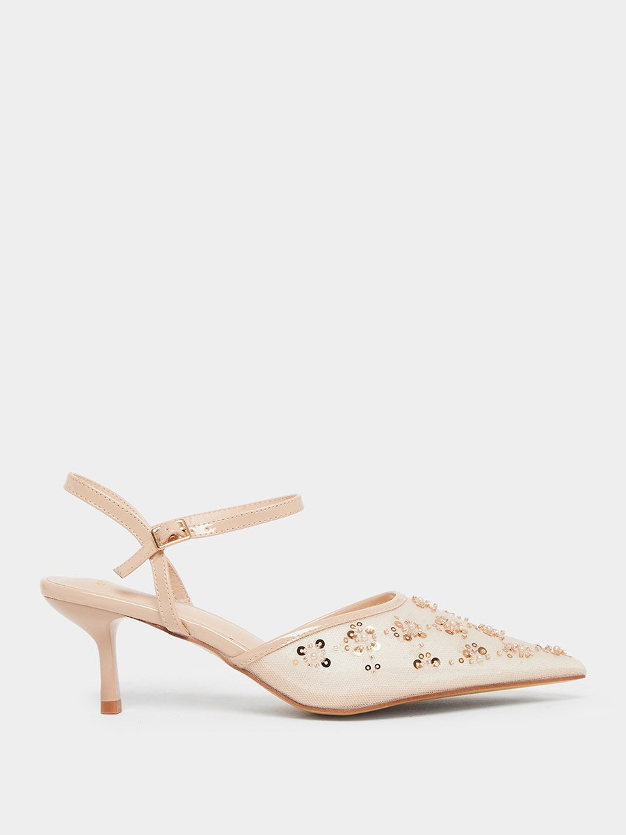 Women Beige Embellished Pointed Toe Shoes