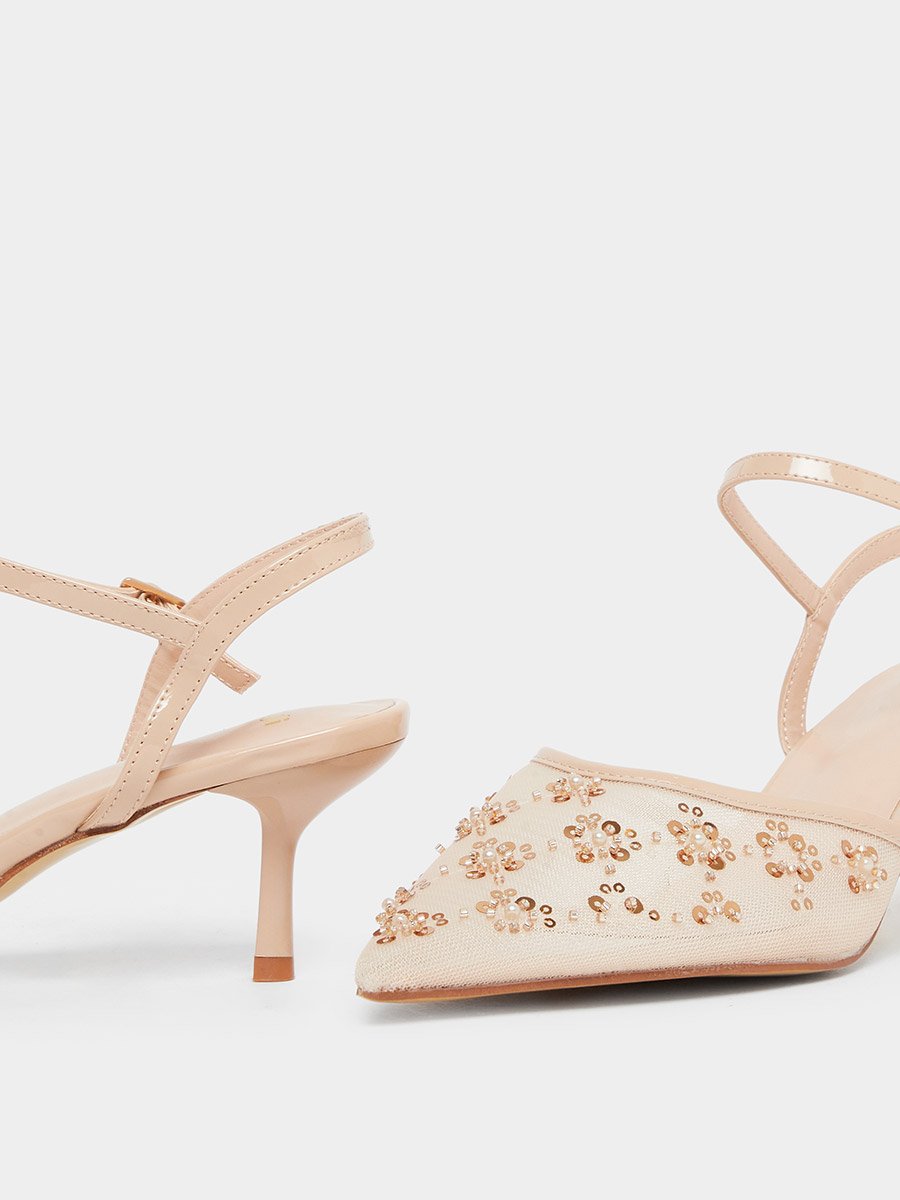 Women Beige Embellished Pointed Toe Shoes