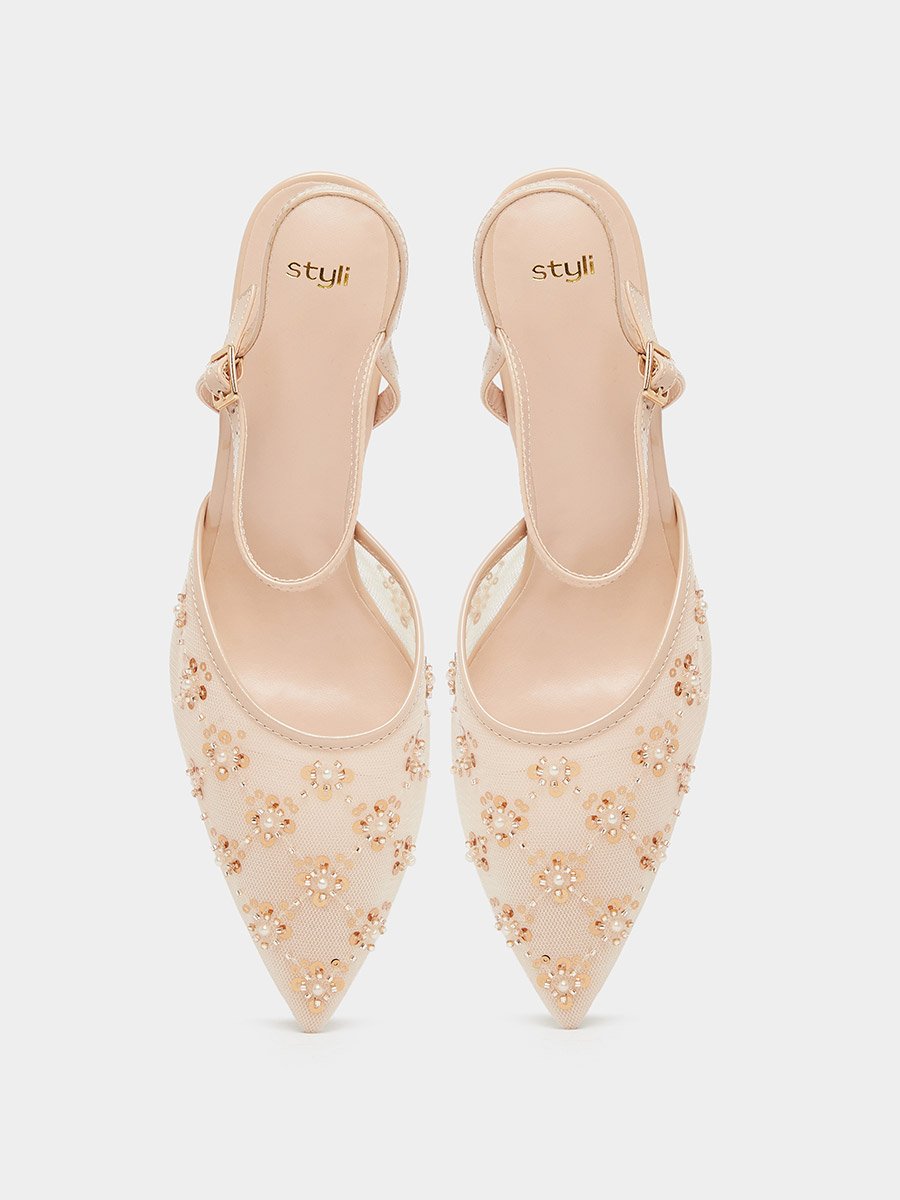 Women Beige Embellished Pointed Toe Shoes