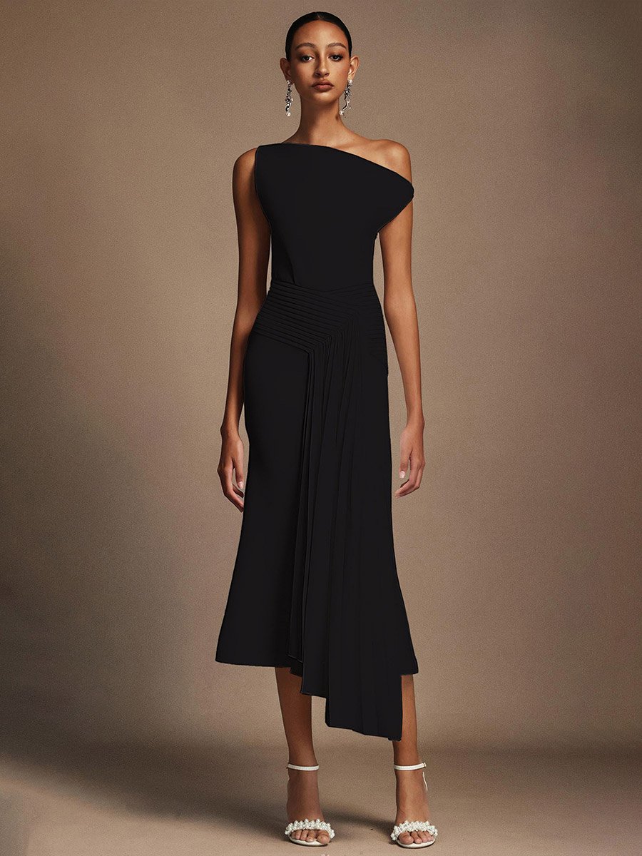 Women Black One Shoulder Pleated Midi Dress