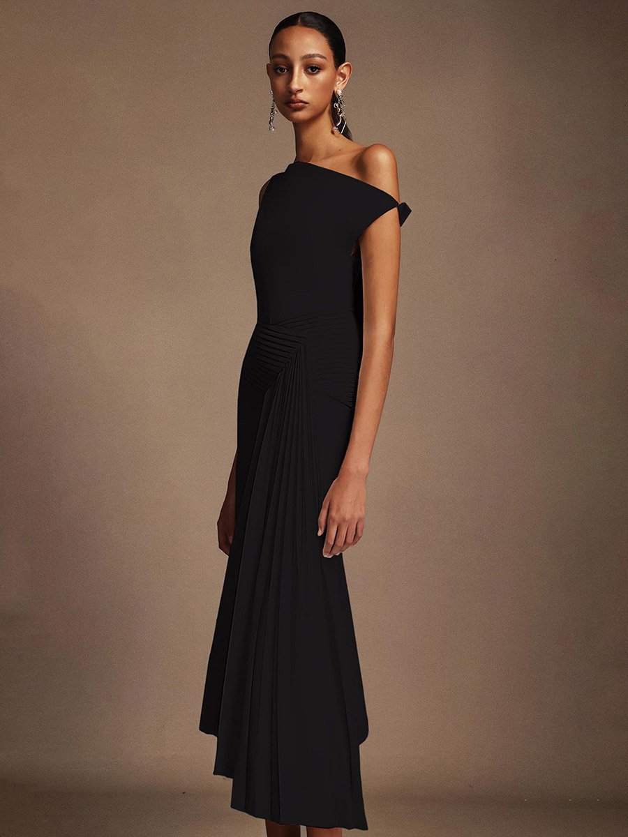 Women Black One Shoulder Pleated Midi Dress