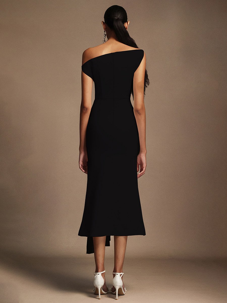 Women Black One Shoulder Pleated Midi Dress