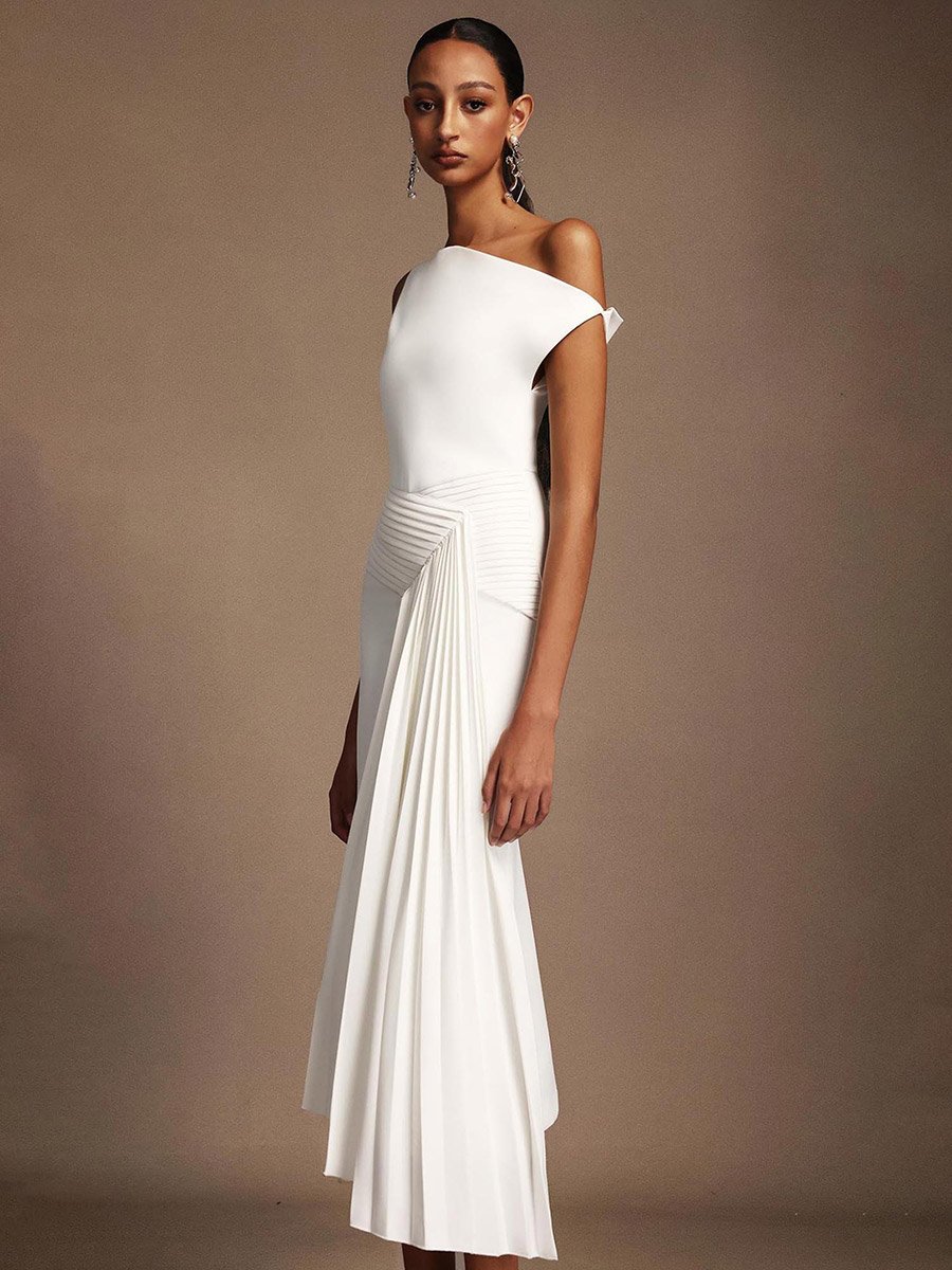 white one shoulder pleated detail midi dress Pleated One-Shoulder Dress Ivory / 16
