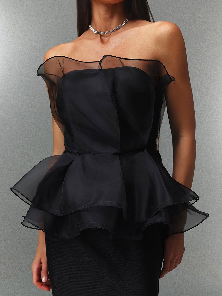 black peplum mesh dress Lana Leather Mesh Contrast Peplum Dress