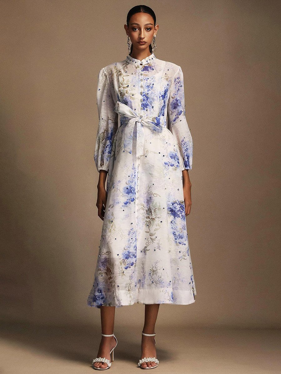 Women Floral Printed Belted Midi Dress