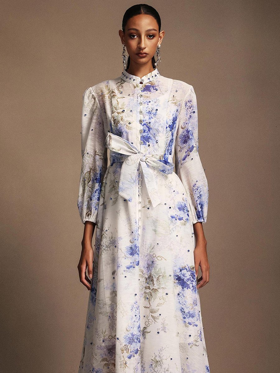Women Floral Printed Belted Midi Dress
