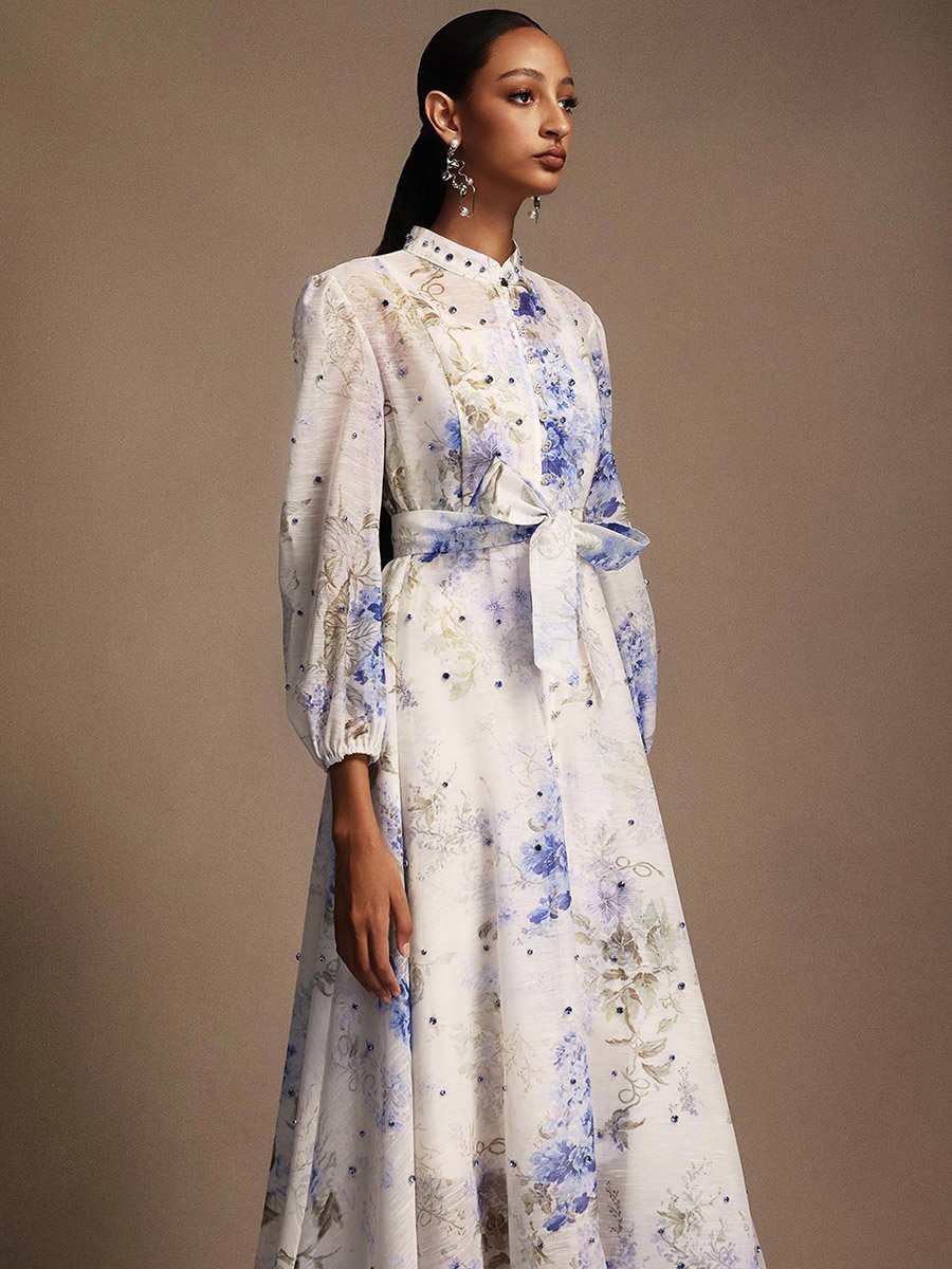 Women Floral Printed Belted Midi Dress