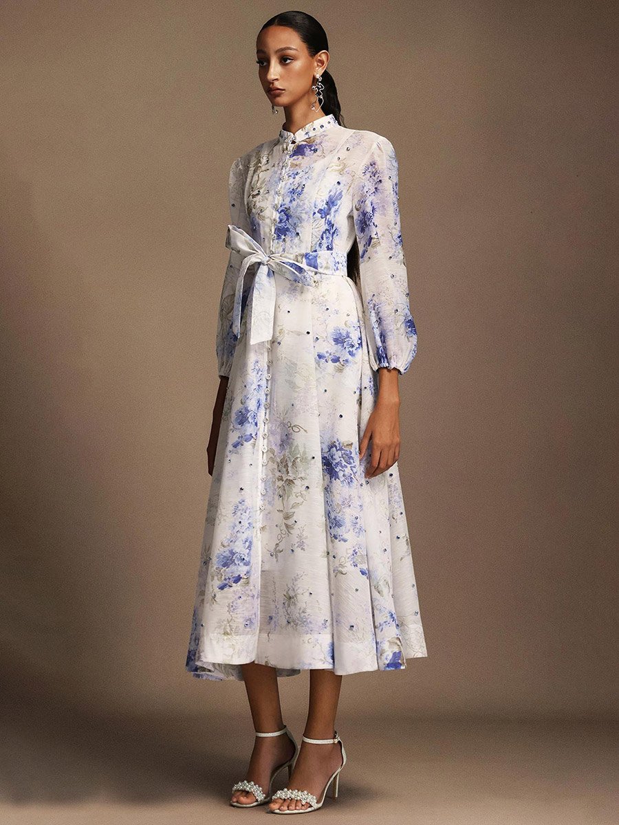 Women Floral Printed Belted Midi Dress