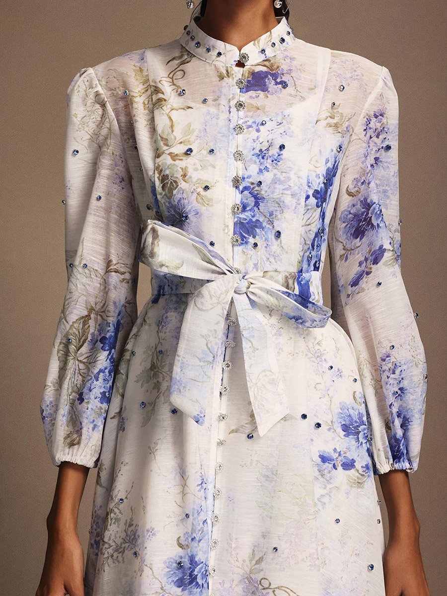 Women Floral Printed Belted Midi Dress
