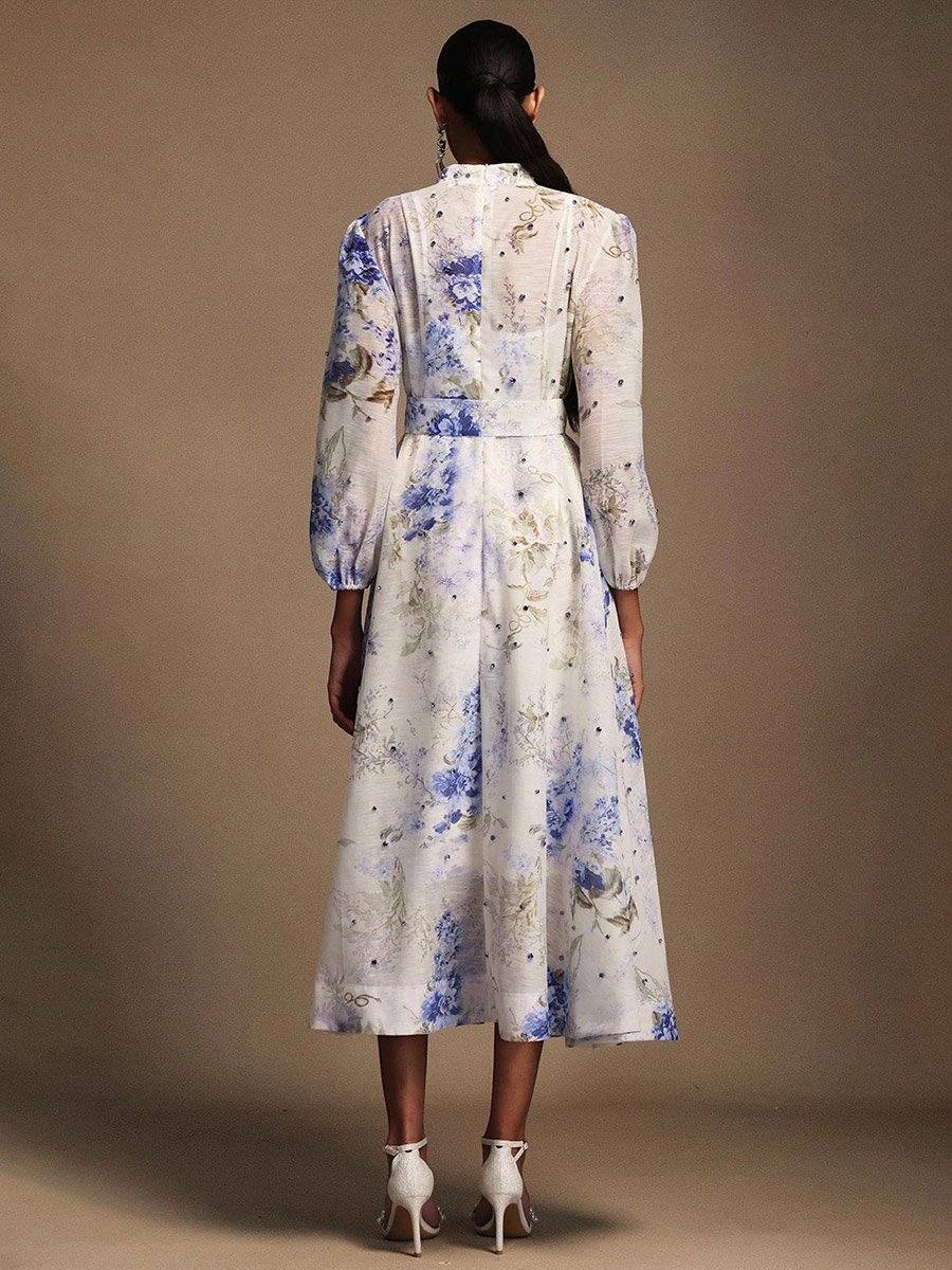 Women Floral Printed Belted Midi Dress