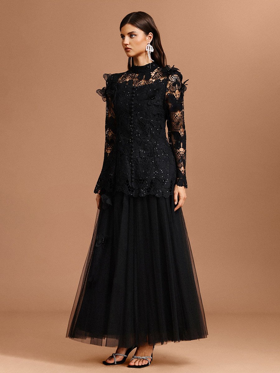 Women Butterfly Lace Top and Tulle Skirt Co-ords