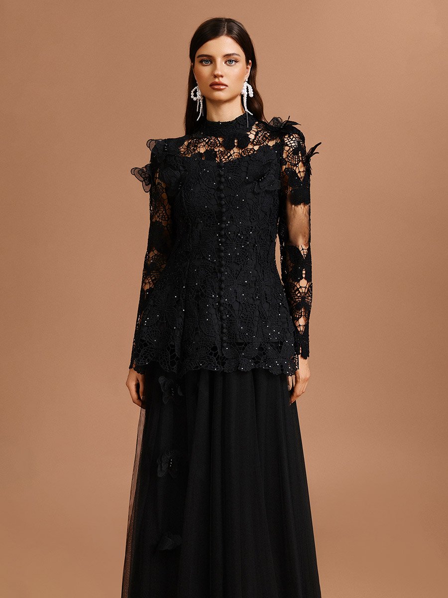 Women Butterfly Lace Top and Tulle Skirt Co-ords