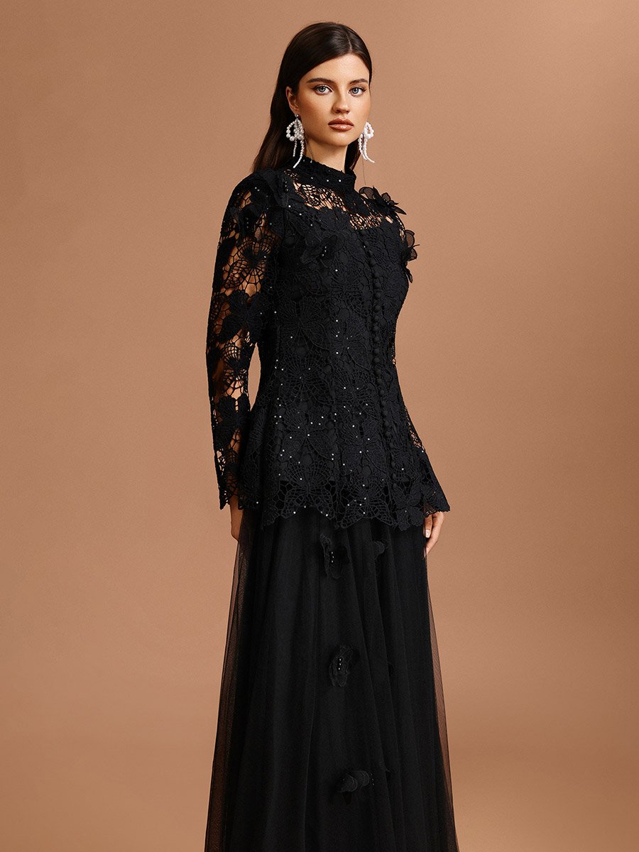 Women Butterfly Lace Top and Tulle Skirt Co-ords