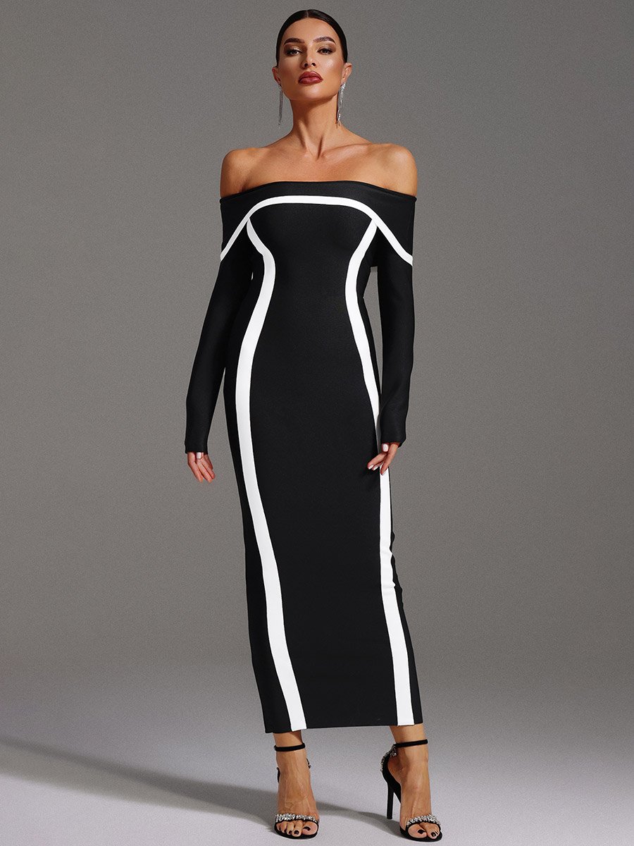 Women Contrast Detail Off Shoulder Maxi Dress
