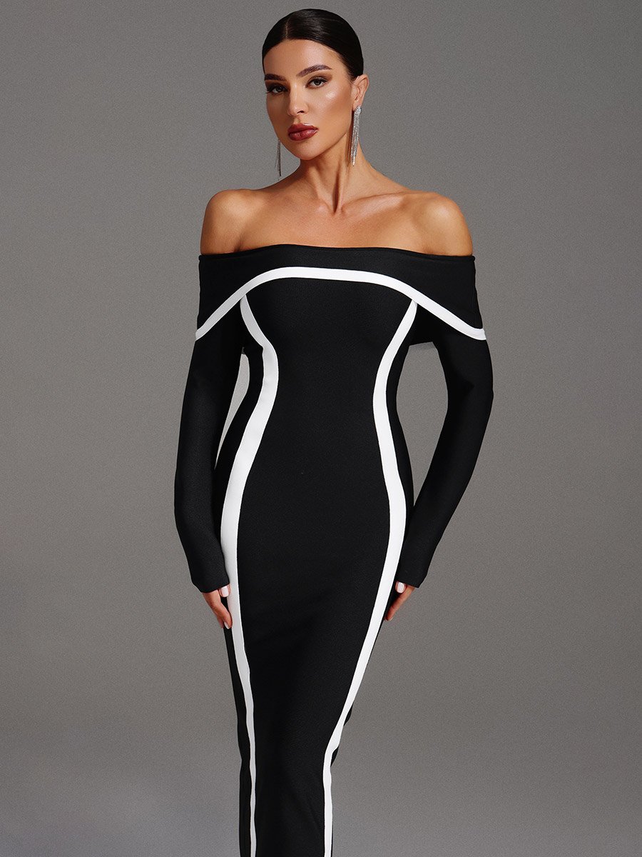 Women Contrast Detail Off Shoulder Maxi Dress