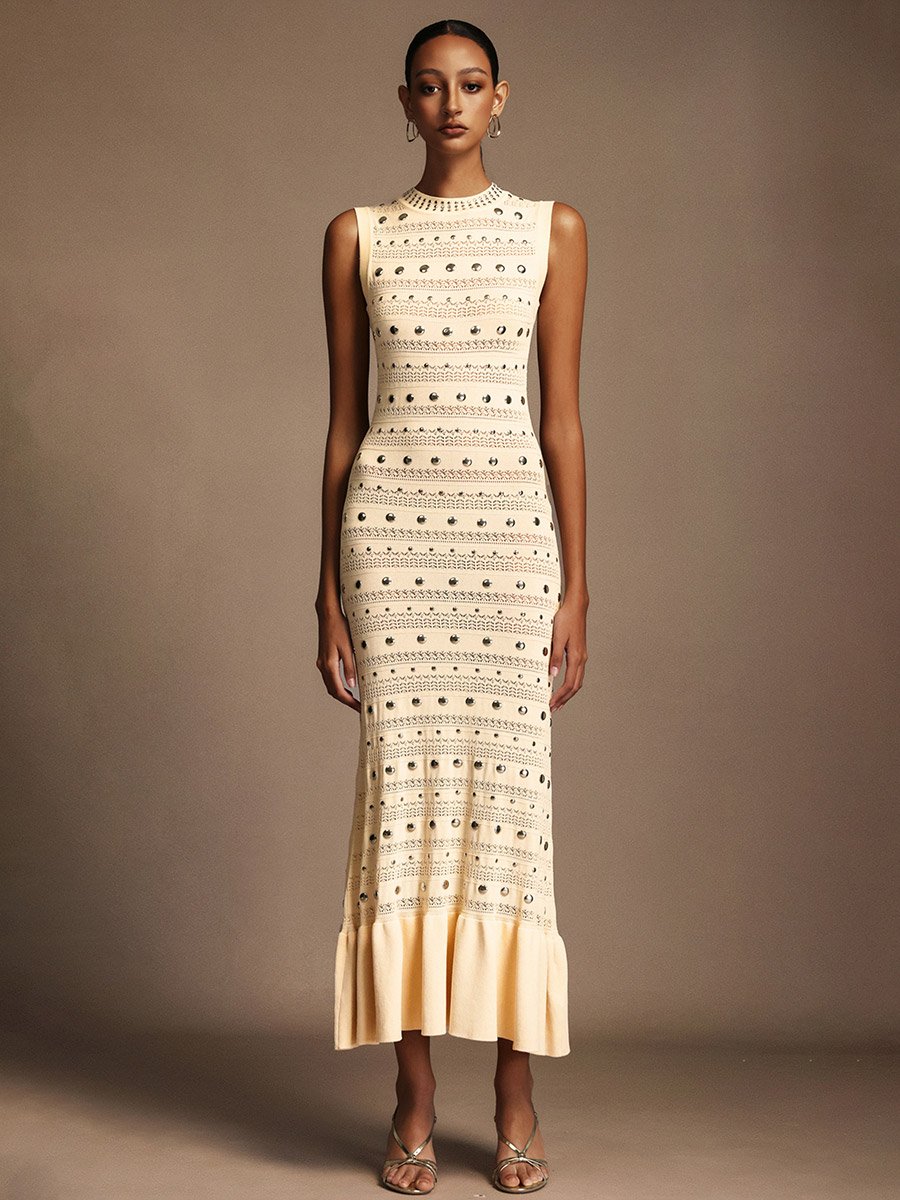 Women Rivet Embellished Ruffle Hem Maxi Dress