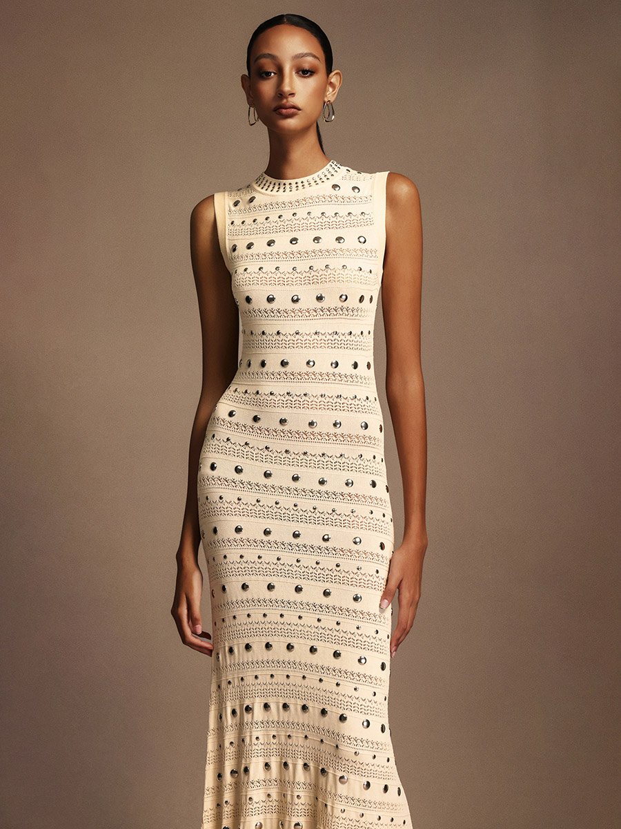 Women Rivet Embellished Ruffle Hem Maxi Dress