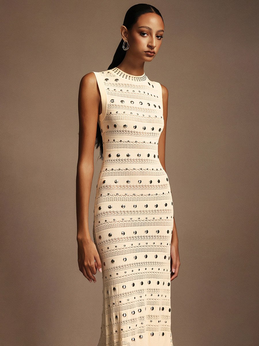 Women Rivet Embellished Ruffle Hem Maxi Dress