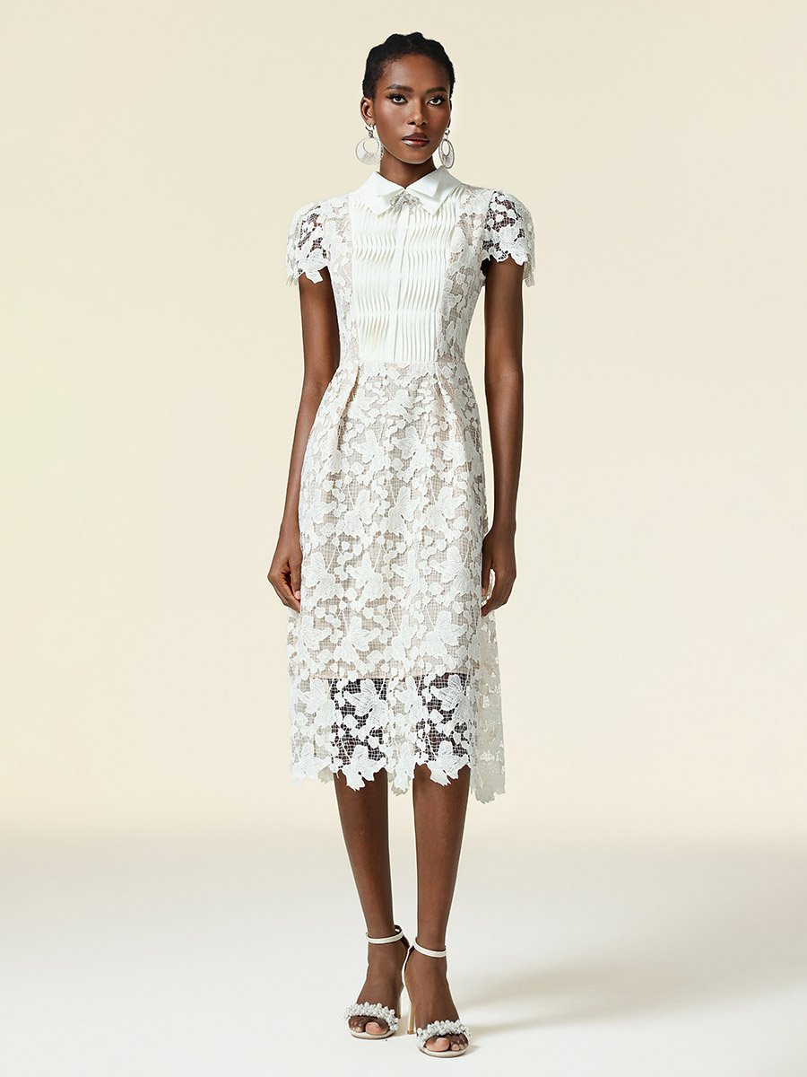 Women White Lace Collared Midi Dress 