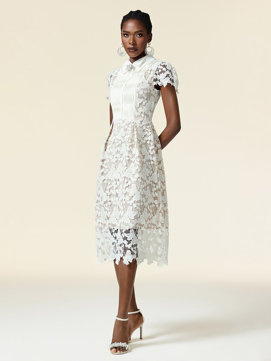 Women White Lace Collared Midi Dress 