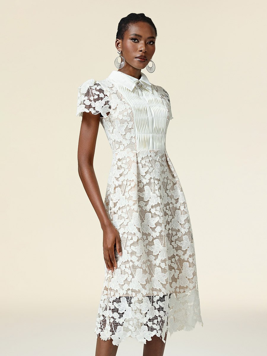Women White Lace Collared Midi Dress 