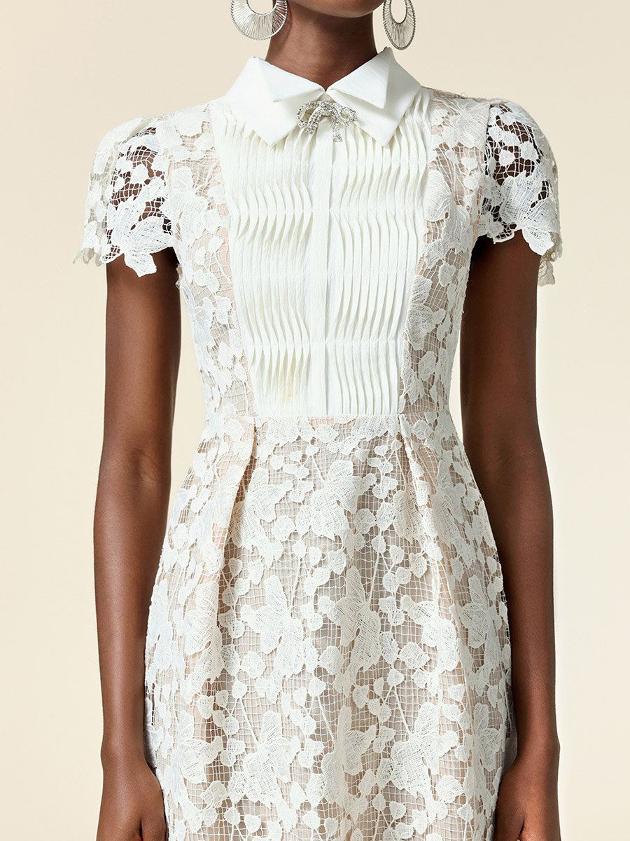Women White Lace Collared Midi Dress 