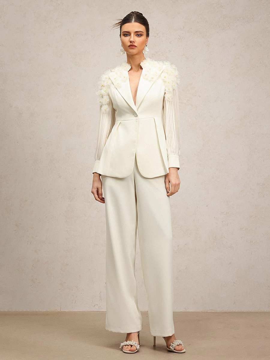 Women 3D Flower Pleated Blazer and Pants Co-Ords