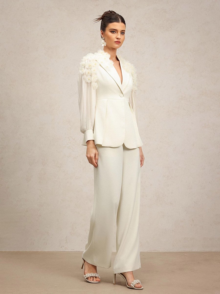 Women 3D Flower Pleated Blazer and Pants Co-Ords