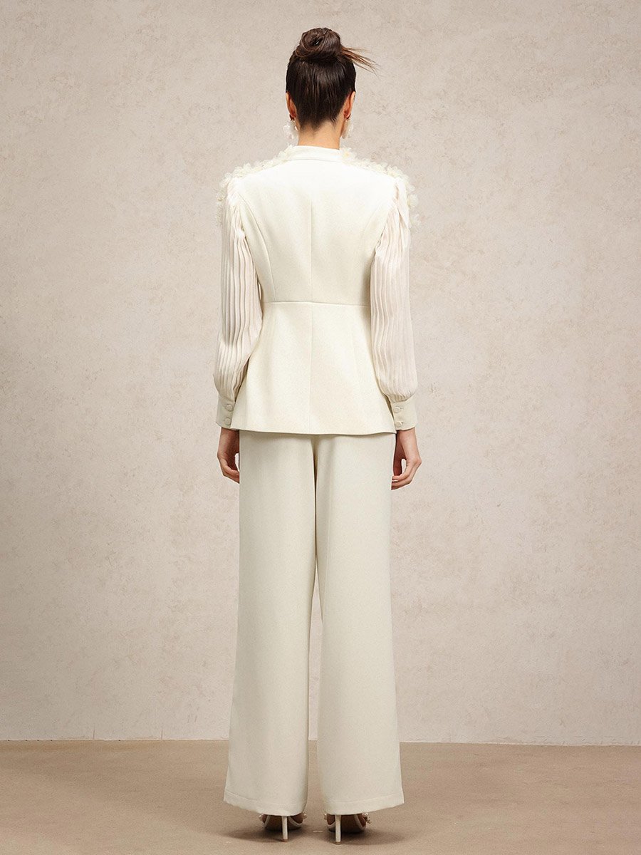 Women 3D Flower Pleated Blazer and Pants Co-Ords