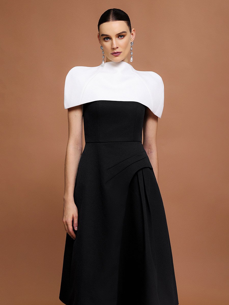 Women Asymmetric Folds Tippet Midi Dress