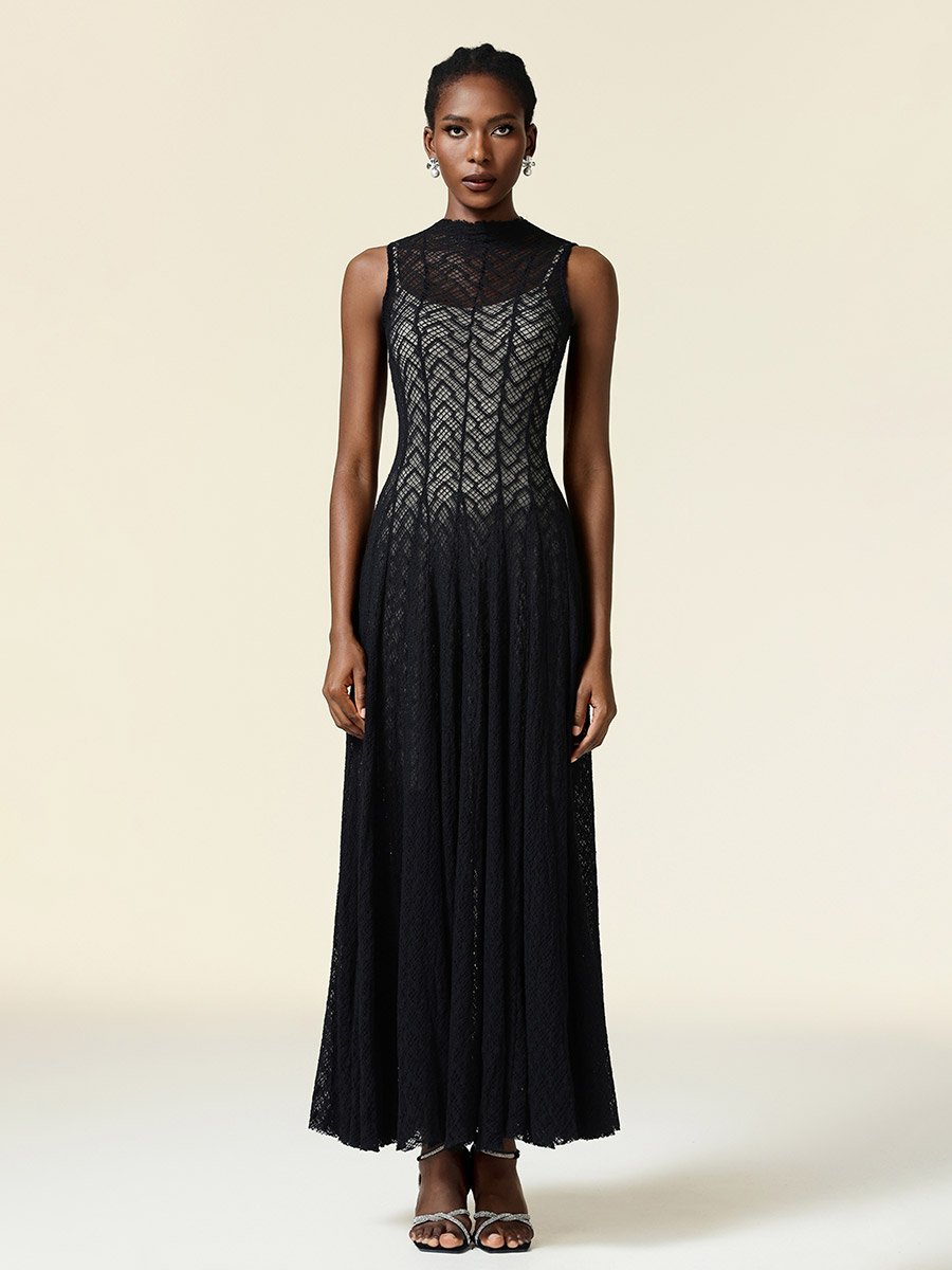 Women Black Lace Sleeveless Maxi Dress