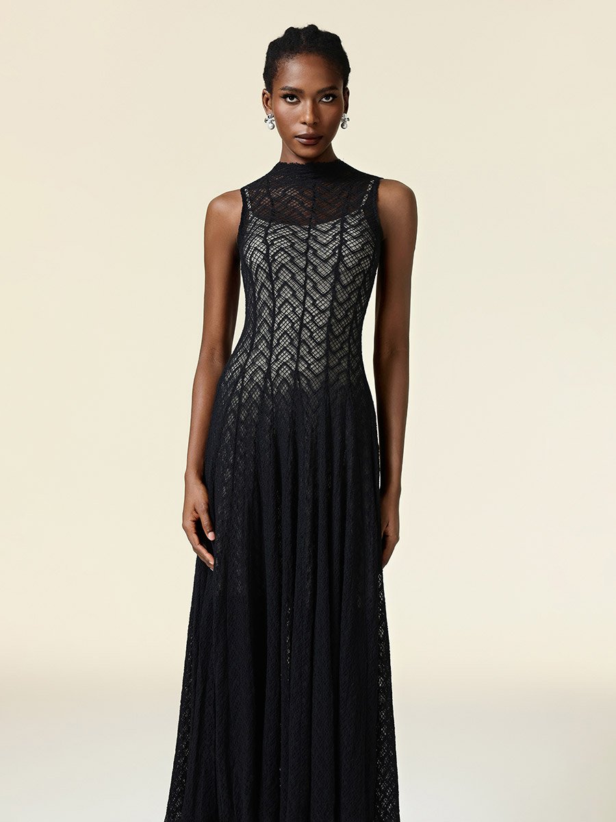Women Black Lace Sleeveless Maxi Dress