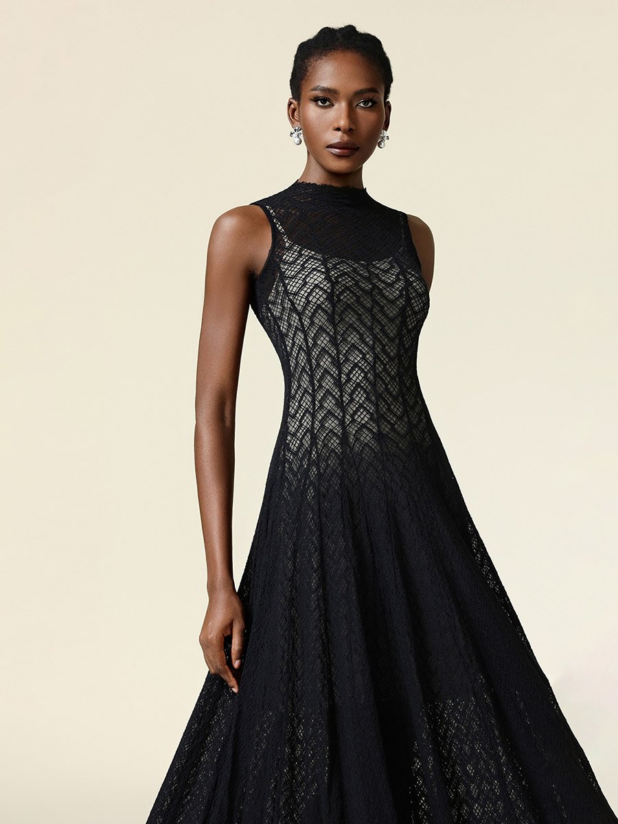 Women Black Lace Sleeveless Maxi Dress