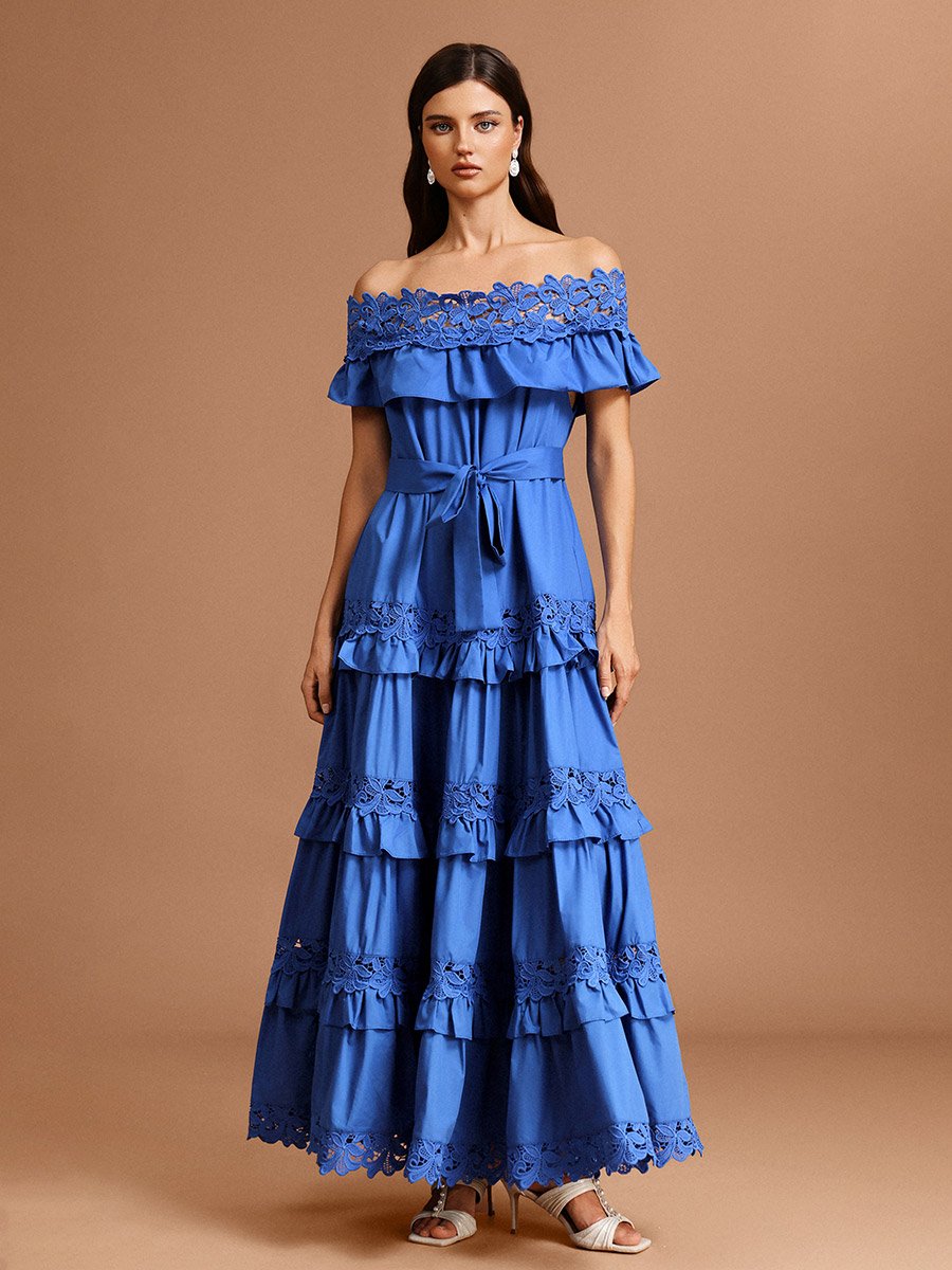 Women Dark Blue Off Shoulder Lace Maxi Dress