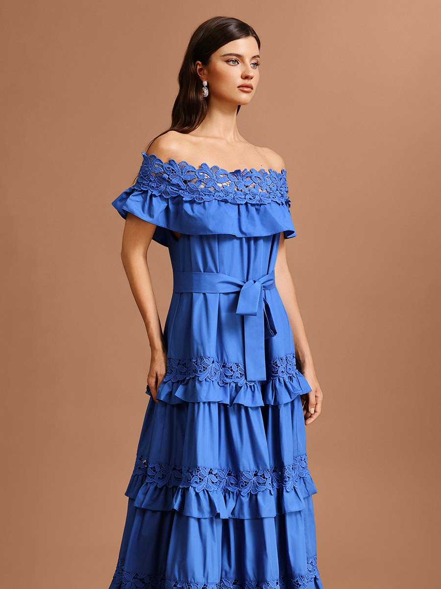Women Dark Blue Off Shoulder Lace Maxi Dress