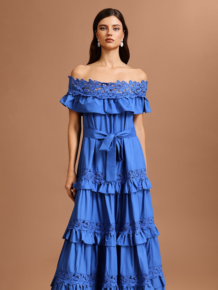 Women Dark Blue Off Shoulder Lace Maxi Dress