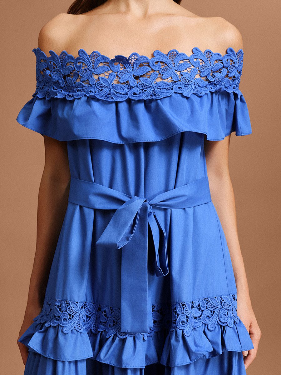 Women Dark Blue Off Shoulder Lace Maxi Dress