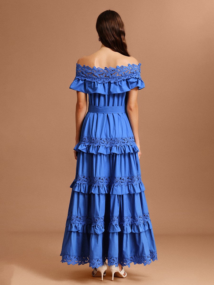 Women Dark Blue Off Shoulder Lace Maxi Dress