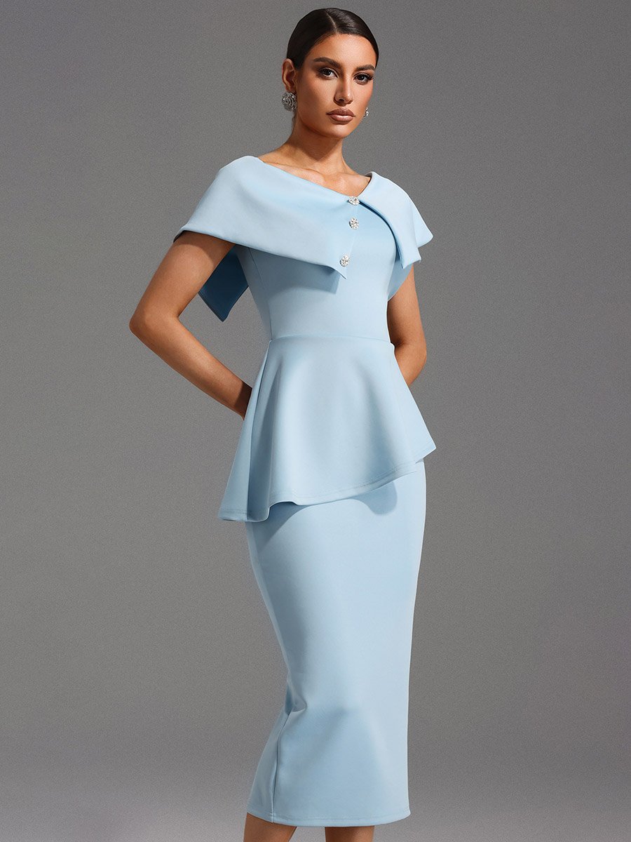 Women Blue Bodycon Peplum Midi Dress