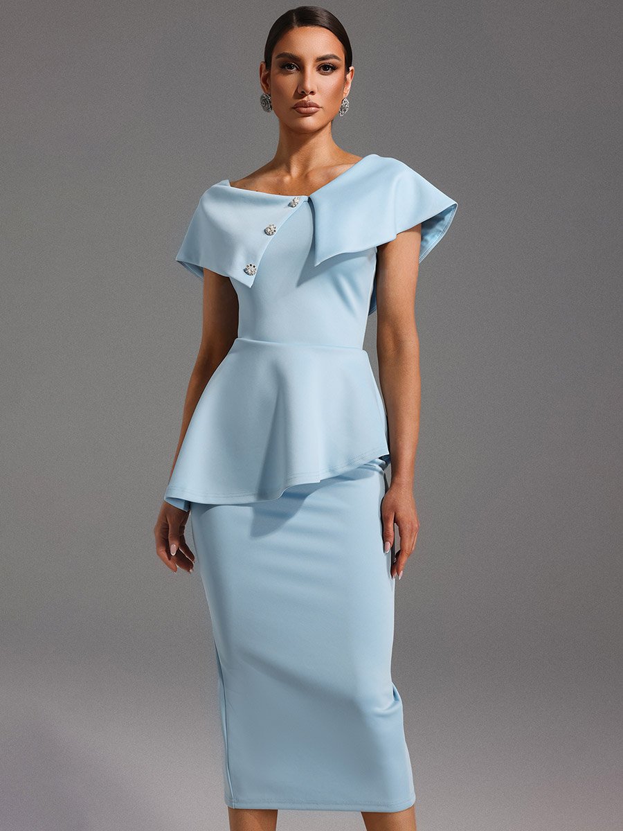 Women Blue Bodycon Peplum Midi Dress