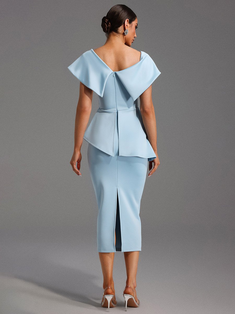 Women Blue Bodycon Peplum Midi Dress