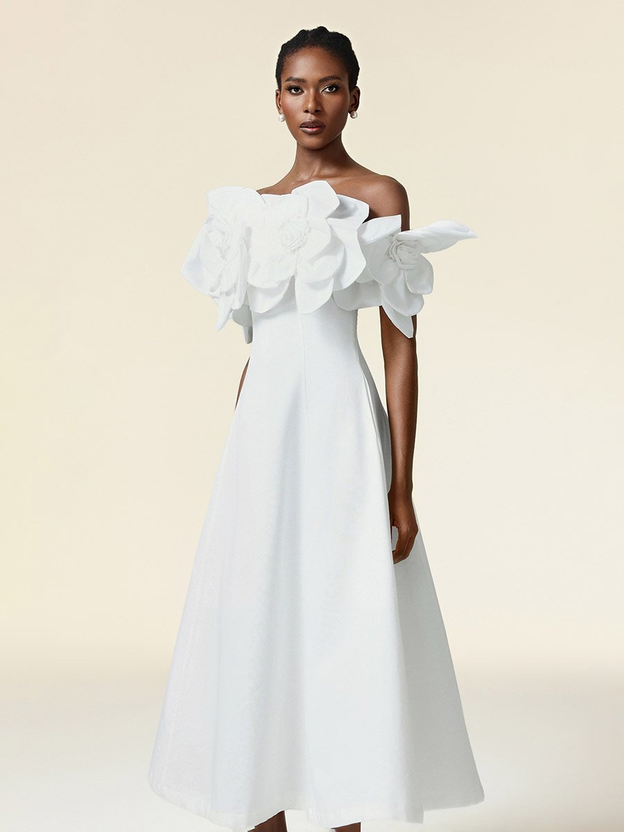 Women White Flower Detail Off Shoulder Maxi Dress