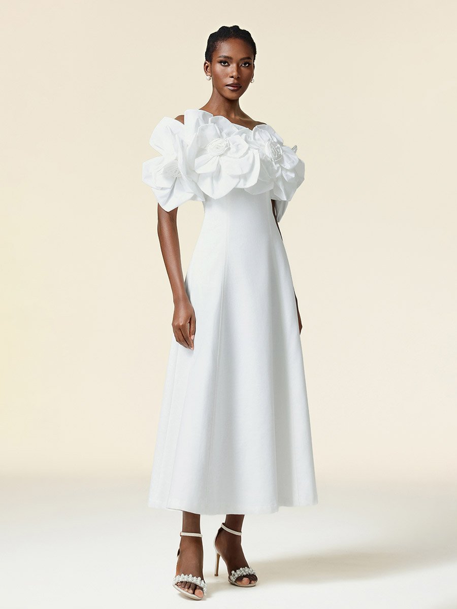 Women White Flower Detail Off Shoulder Maxi Dress