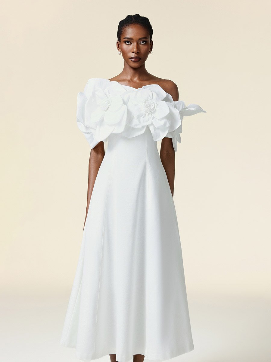 Women White Flower Detail Off Shoulder Maxi Dress