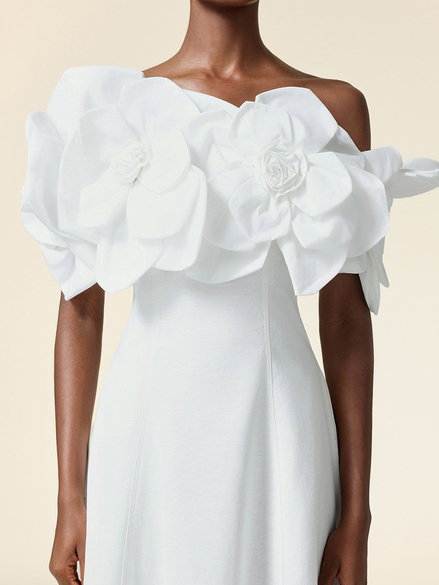 Women White Flower Detail Off Shoulder Maxi Dress